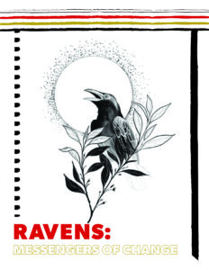 Raven Activity Book Cover Raven behind a tree limb in black and white